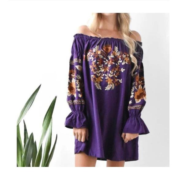 Free People Fleur Shift Off Shoulder Dress Large Lavender Floral Embroidered - Picture 2 of 10